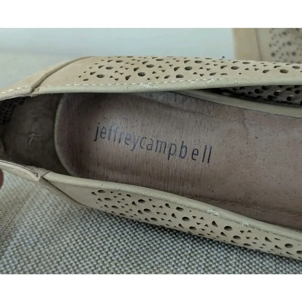 Jeffrey Campbell Cirque Size 9M Beige Cut Out Wedge Heel Leather Ankle Strap
